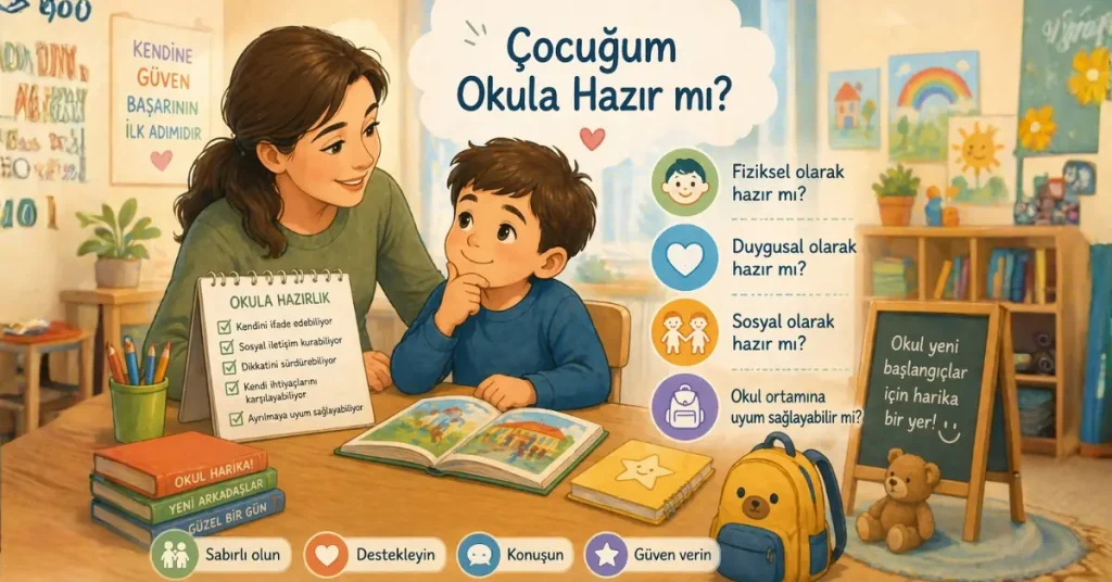 Okula başlamak üzere olan çocuk ve ebeveynin destekleyici illüstrasyonu