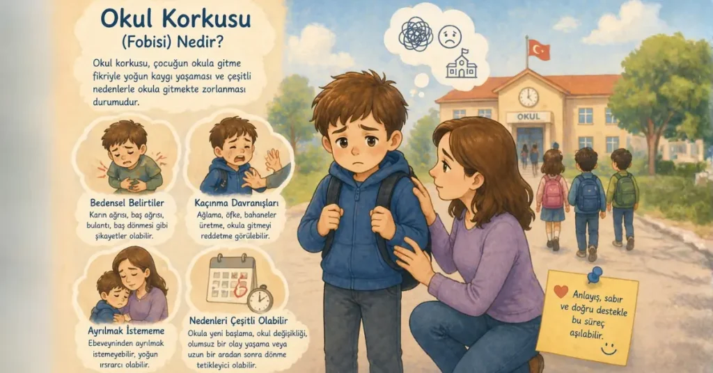 Okula gitmek istemeyen kaygılı çocuk ve ebeveyn desteği illüstrasyonu