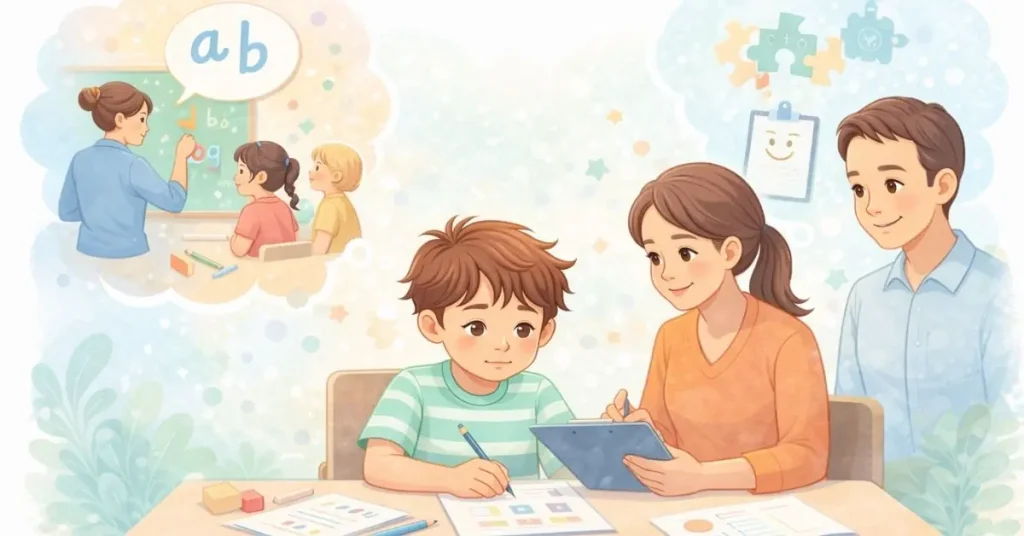 Özgül öğrenme güçlüğü olan çocuğa verilen bireysel özel eğitim sürecini anlatan illüstrasyon