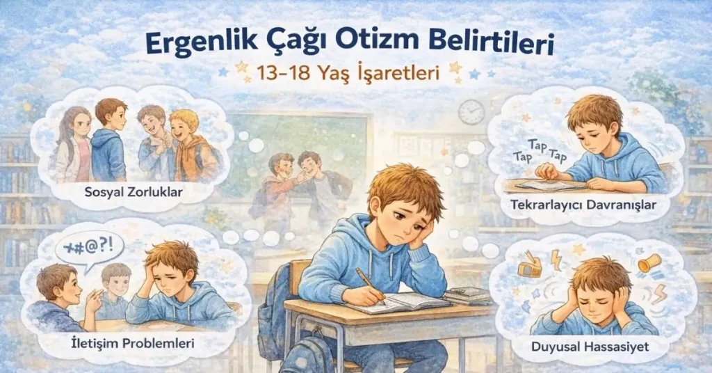 Ergenlik döneminde otizm belirtileri gösteren genç illüstrasyonu