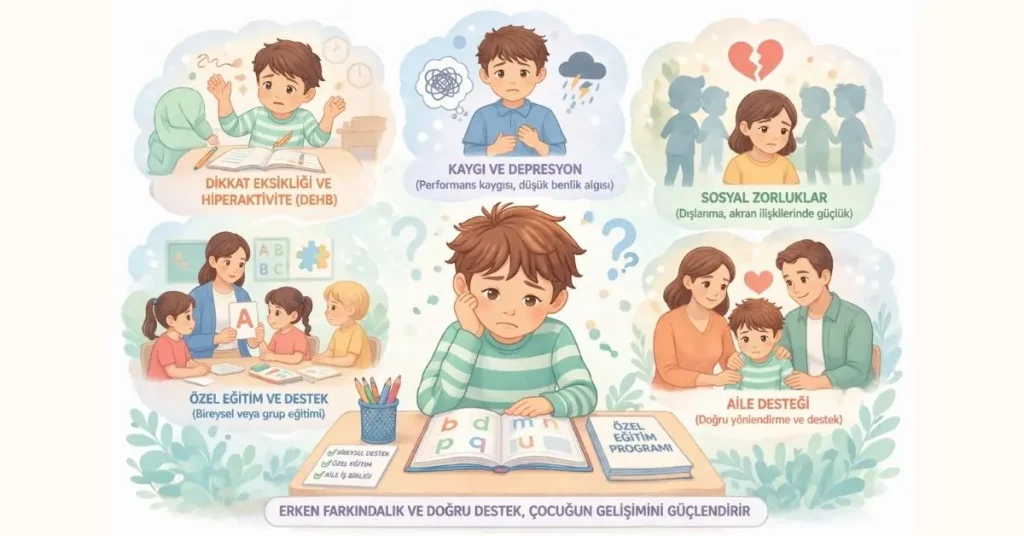 Öğrenme güçlüğü yaşayan çocukta dikkat, kaygı ve sosyal sorunları temsil eden illüstrasyon