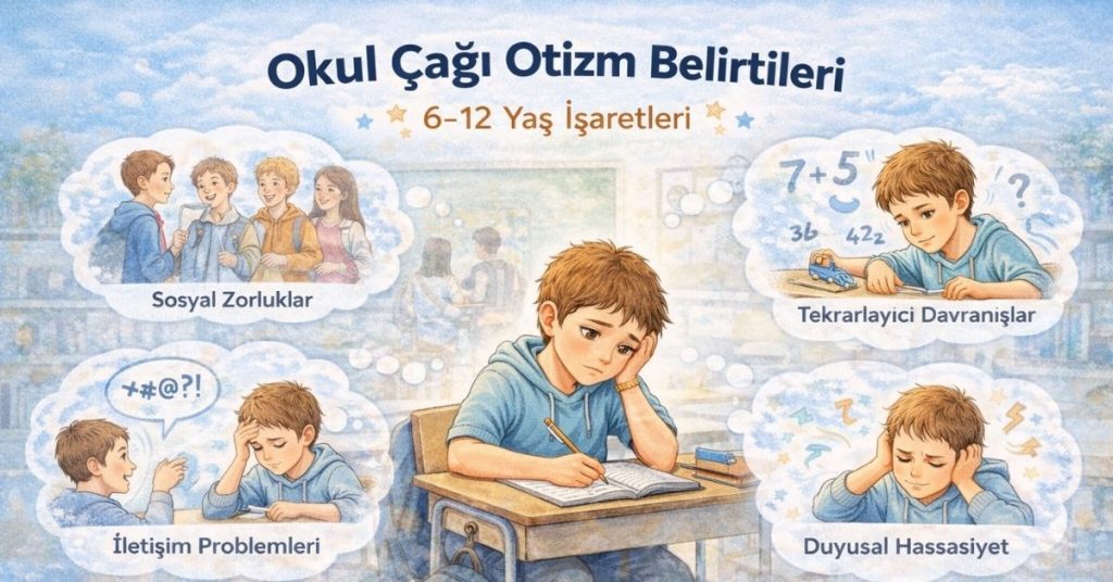 Okul çağında otizm belirtileri gösteren çocuk illüstrasyonu