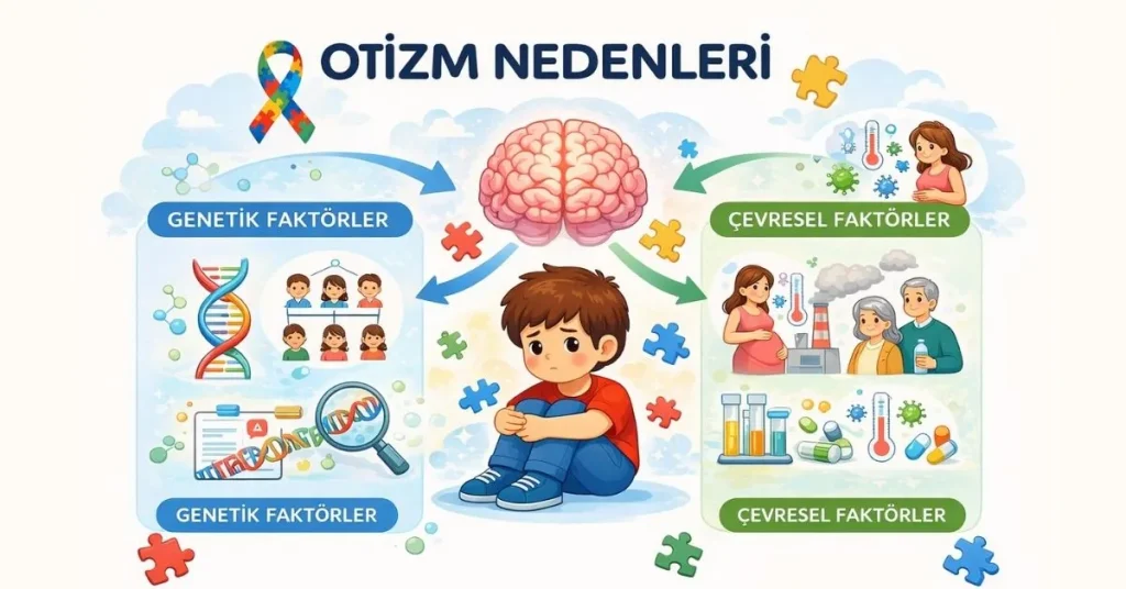 otizmin genetik ve çevresel nedenlerini anlatan illüstrasyon