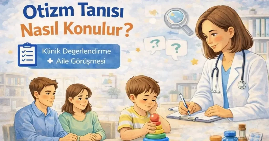 Otizm değerlendirmesi sırasında çocuk ile iletişim kuran uzman illüstrasyonu