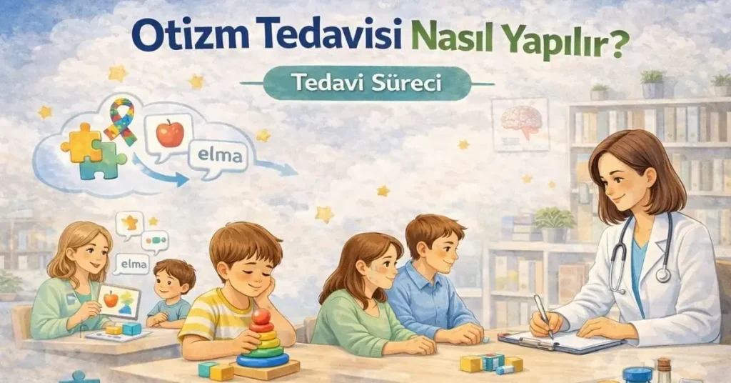 Otizm tedavisinde çocukla bireysel eğitim çalışması yapılan illüstrasyon