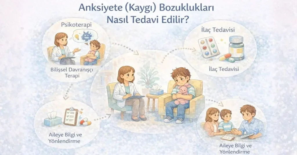 çocukta kaygı tedavi sürecini anlatan illüstrasyon