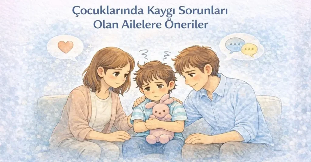 kaygı yaşayan çocuk ve destek olan ebeveyn illüstrasyonu