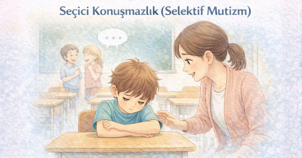 okul ortamında konuşmakta zorlanan çocuk illüstrasyonu