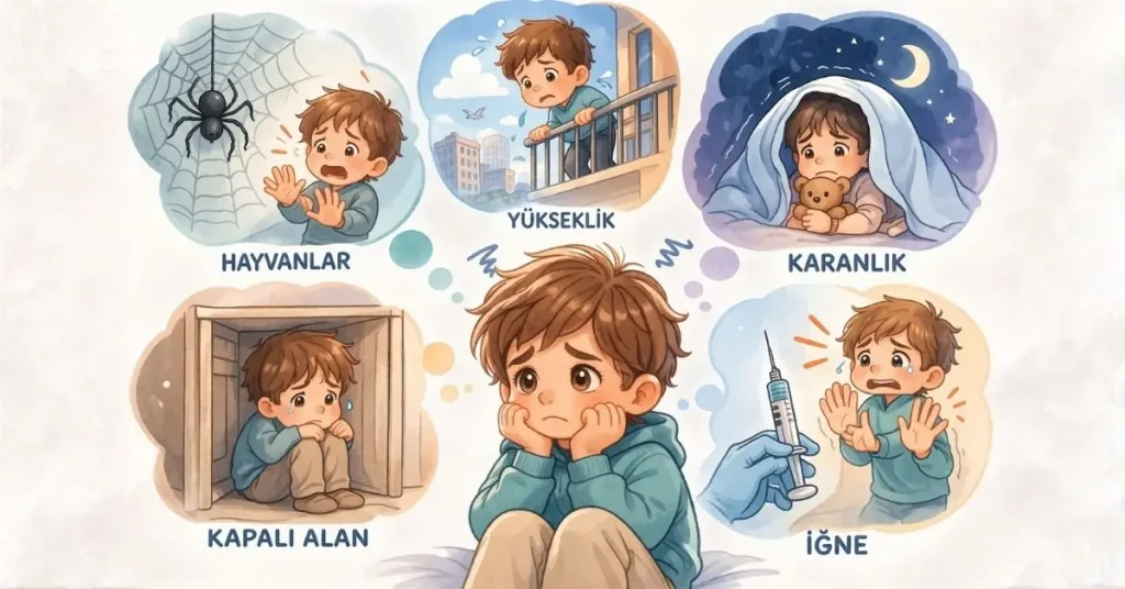 belirli bir nesneden korkan çocuk illüstrasyonu