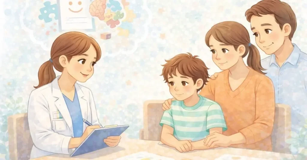 Çocuk psikiyatristi ile ilk görüşme sürecini anlatan çocuk ve aile görseli