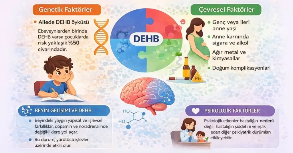 DEHB’nin genetik ve çevresel nedenlerini anlatan çocuk psikiyatrisi temalı illüstrasyon