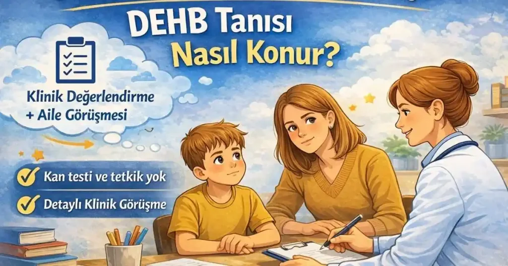 Çocuk psikiyatristi tarafından yapılan DEHB değerlendirme sürecini gösteren illüstrasyon