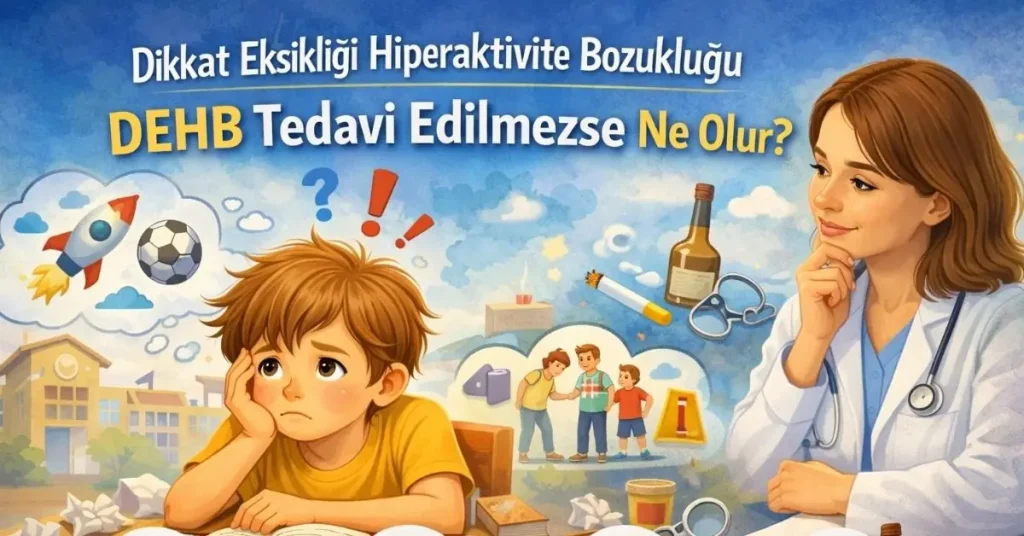 DEHB tedavi edilmediğinde çocuklarda ortaya çıkabilecek akademik ve sosyal sorunları anlatan illüstrasyon