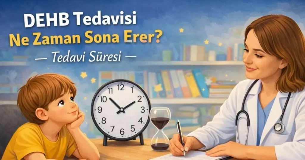 DEHB tedavi süresini ve takip sürecini anlatan çocuk psikiyatrisi temalı illüstrasyon
