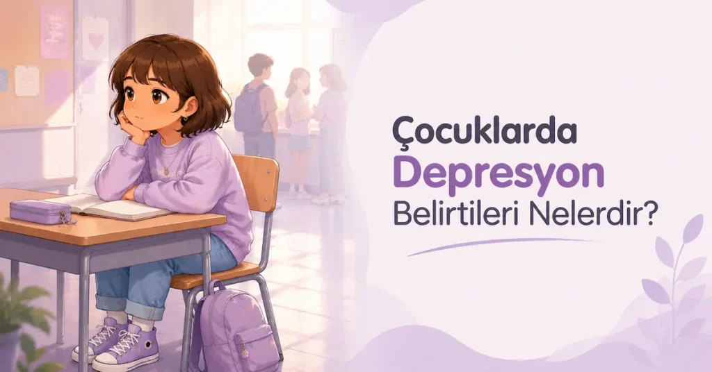 Çocuklarda depresyon belirtilerini temsil eden içine kapanık ve düşünceli çocuk illüstrasyonu