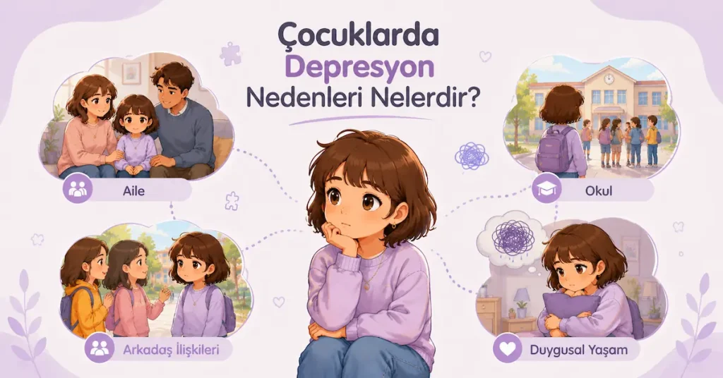 Çocuklarda depresyonun ortaya çıkmasına katkıda bulunabilecek farklı yaşam alanlarını temsil eden illüstrasyon