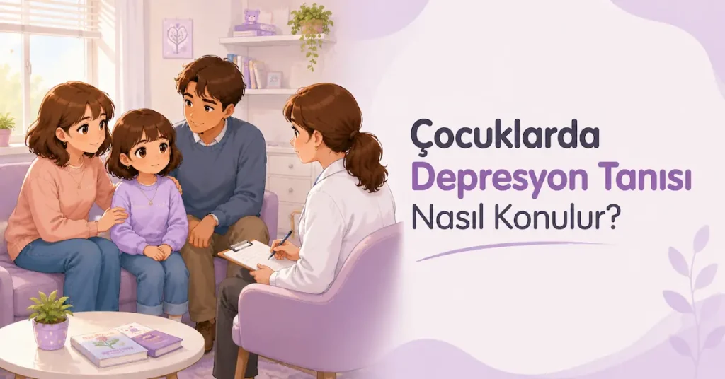 Çocuk ve ailesiyle görüşme yapan çocuk ve ergen psikiyatristini gösteren illüstrasyon