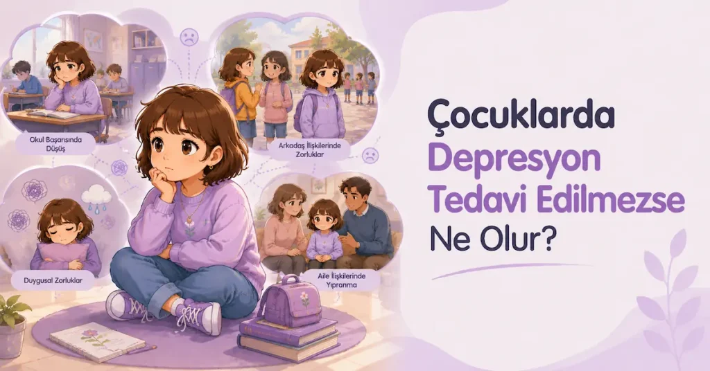 Depresyon belirtileri nedeniyle günlük yaşamda zorlanan çocuğu temsil eden illüstrasyon