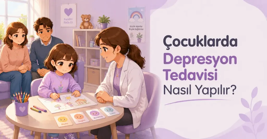 Çocuk ve ailesinin çocuk ve ergen psikiyatristi eşliğinde tedavi sürecini temsil eden illüstrasyon