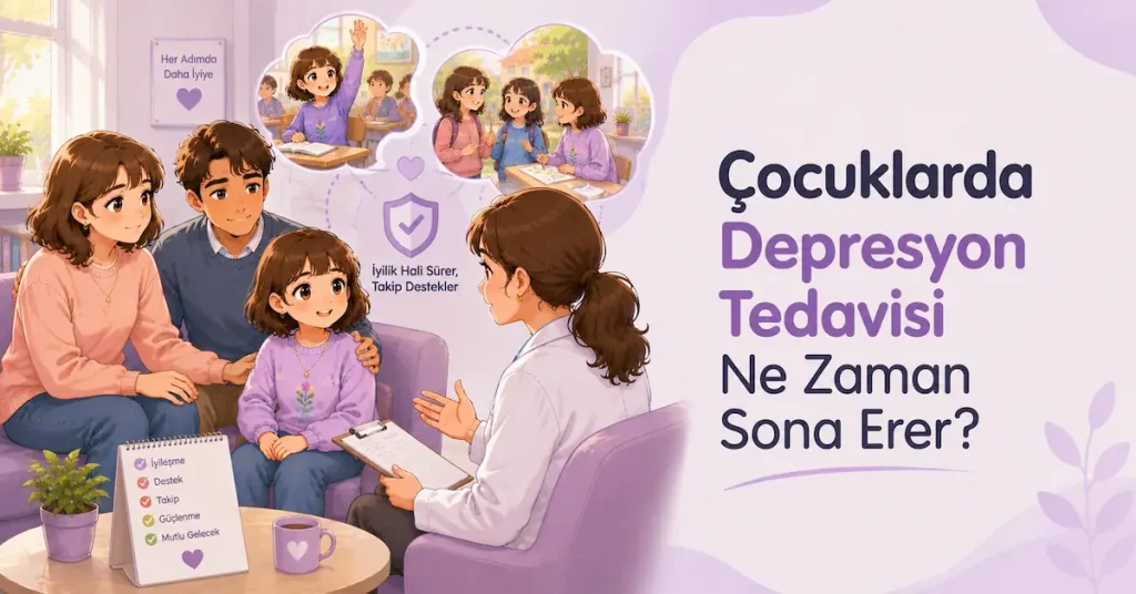 Depresyon tedavisi sonrasında iyilik halini sürdüren çocuk ve ailesini gösteren illüstrasyon