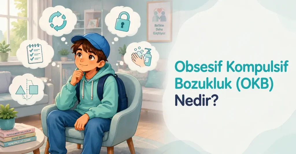 Obsesif Kompulsif Bozukluk (OKB) hakkında bilgilendirici illüstrasyon, tekrarlayıcı düşünce ve davranışları temsil eden çocuk karakter.