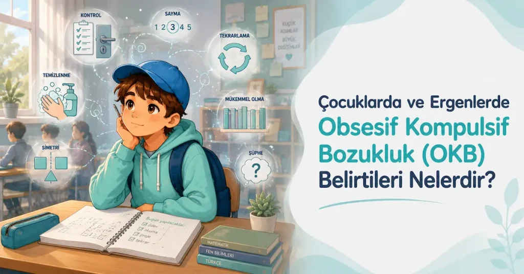 Çocuklarda ve ergenlerde obsesif kompulsif bozukluk OKB belirtilerini gösteren illüstrasyon