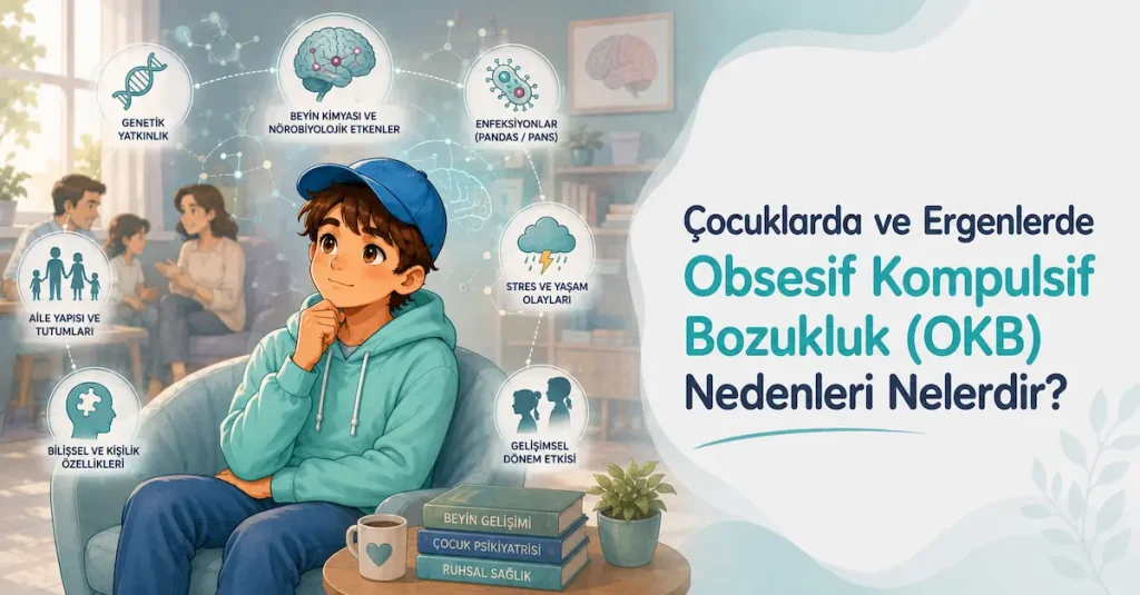 Çocuklarda ve ergenlerde obsesif kompulsif bozukluk OKB nedenlerini gösteren illüstrasyon