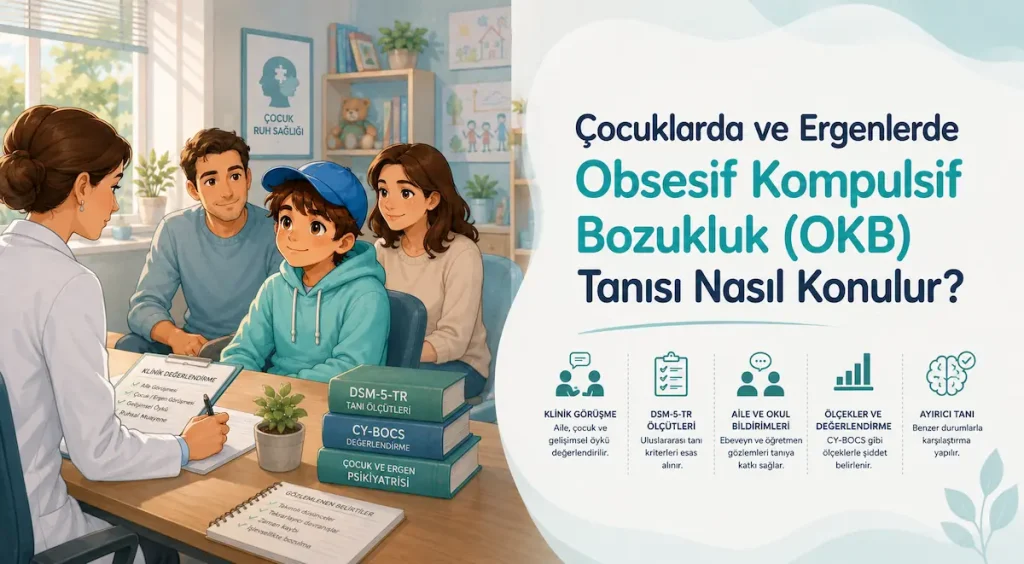 Çocuklarda ve ergenlerde obsesif kompulsif bozukluk OKB tanı sürecini gösteren çocuk psikiyatrisi illüstrasyonu