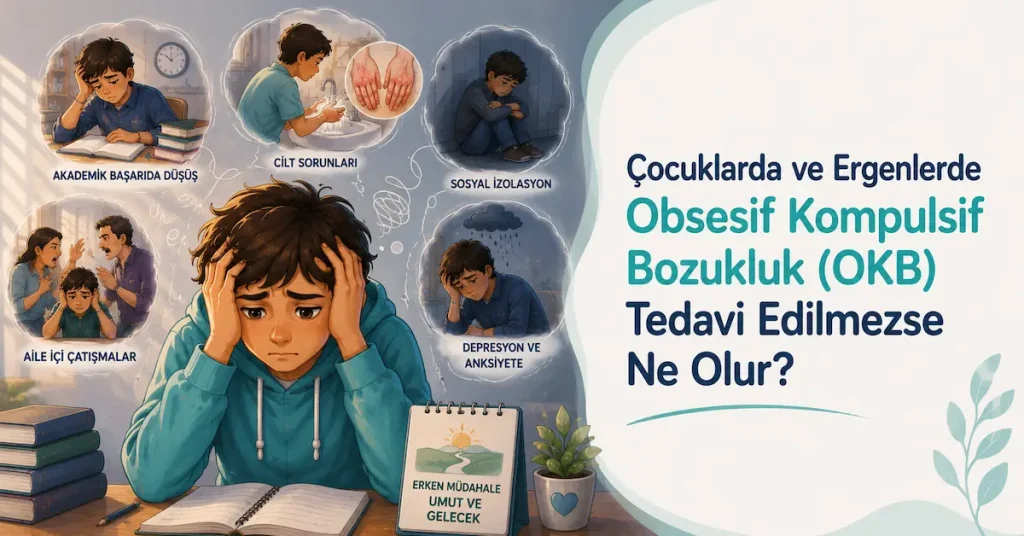 Çocuklarda ve Ergenlerde Obsesif Kompulsif Bozukluk (OKB) Tedavi Edilmezse Ne Olur? Çocuklarda ve ergenlerde OKB tedavi edilmediğinde ortaya çıkabilecek etkileri gösteren çocuk psikiyatrisi illüstrasyonu