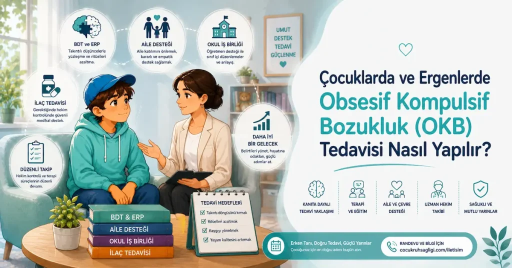 Çocuklarda ve ergenlerde obsesif kompulsif bozukluk OKB tedavisini gösteren çocuk psikiyatrisi illüstrasyonu