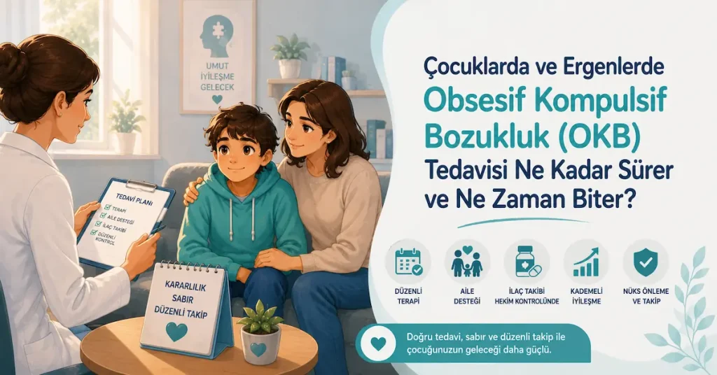 Çocuklarda ve Ergenlerde Obsesif Kompulsif Bozukluk (OKB) Tedavisi Ne Zaman Sona Erer? Çocuklarda ve ergenlerde OKB tedavisinin sürecini ve takip aşamalarını gösteren çocuk psikiyatrisi illüstrasyonu