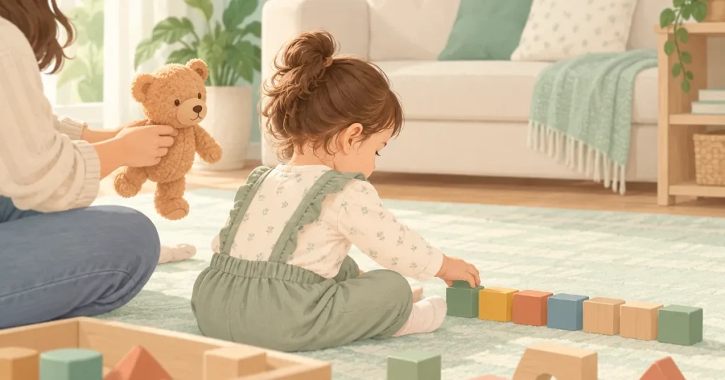 Halıda oturup renkli ahşap küpleri tek sıra hâlinde dizen bir bebek; arkasında oyuncak ayı uzatan bir ebeveyn