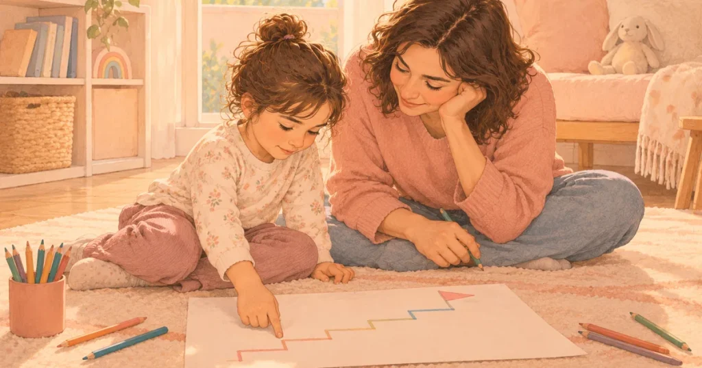 Halının üzerinde yan yana oturan bir çocuk ve bir yetişkin, önlerindeki büyük kâğıda çizilmiş basamaklara bakıyor; çocuk en alt basamağa dokunuyor