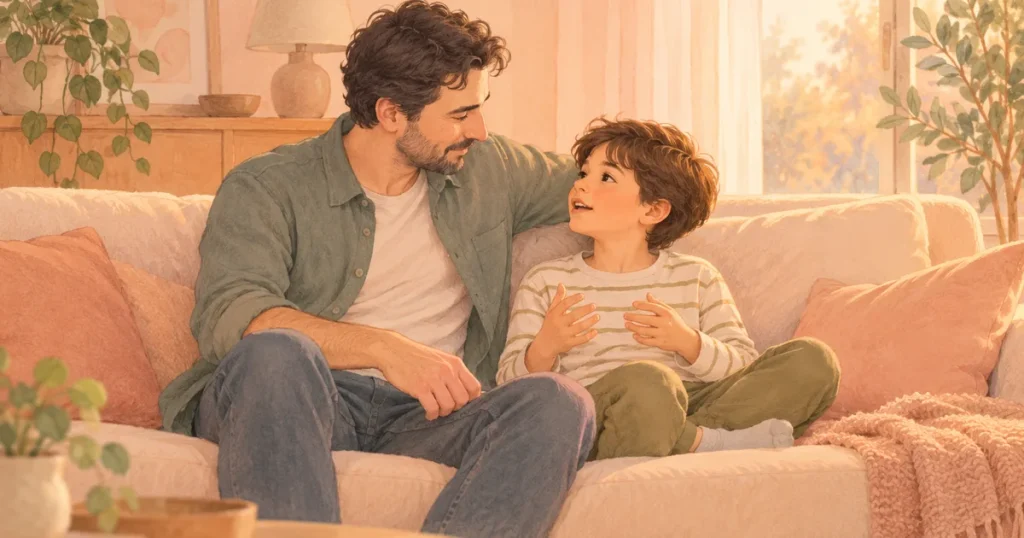 Oturma odasında kanepede yan yana oturan bir baba ve çocuk; çocuk elleriyle bir şey anlatıyor, baba ona dönük dinliyor