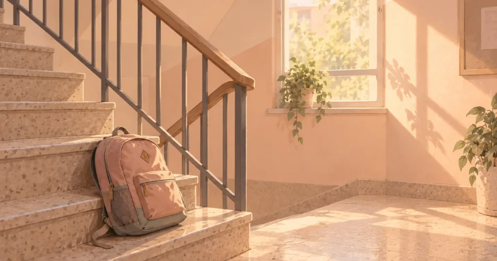 Apartman merdiveninin sahanlığı, kimse yok; basamaklardan birinde bırakılmış bir okul çantası ve pencereden düşen ışık
