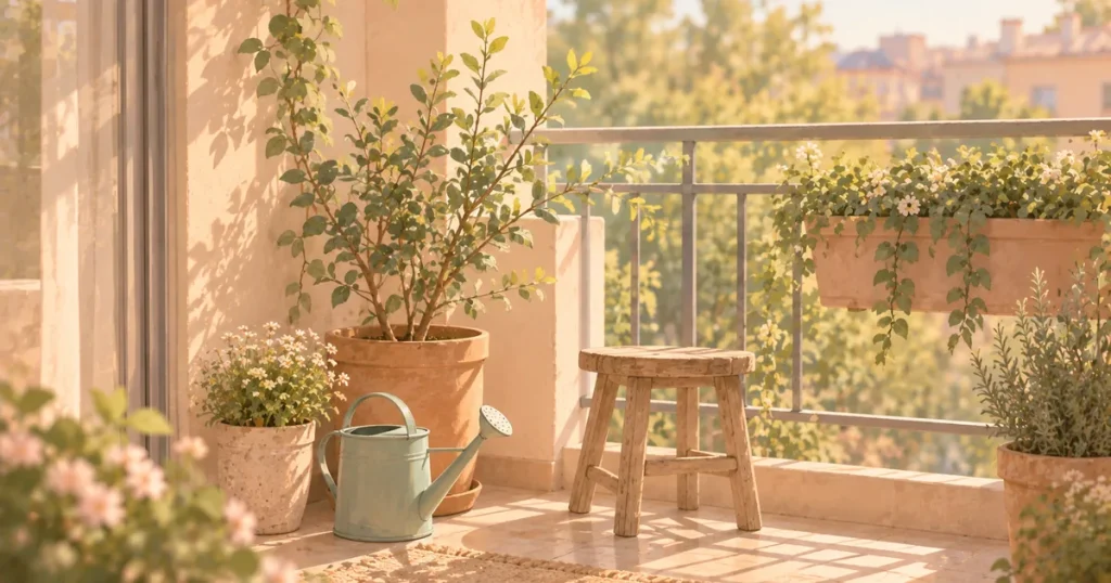 Sabah güneşi almış küçük bir balkon, kimse yok; saksıda yeni sürgün vermiş bir bitki, sulama kabı ve ahşap tabure