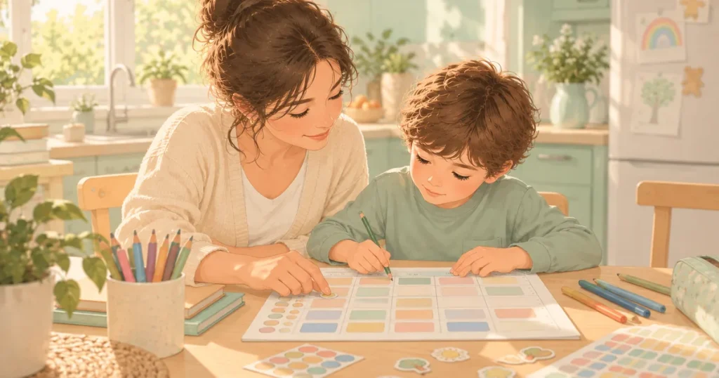 Mutfak masasında yan yana oturan bir ebeveyn ve çocuk, birlikte renkli kutulardan oluşan haftalık bir plan çizelgesi hazırlıyor