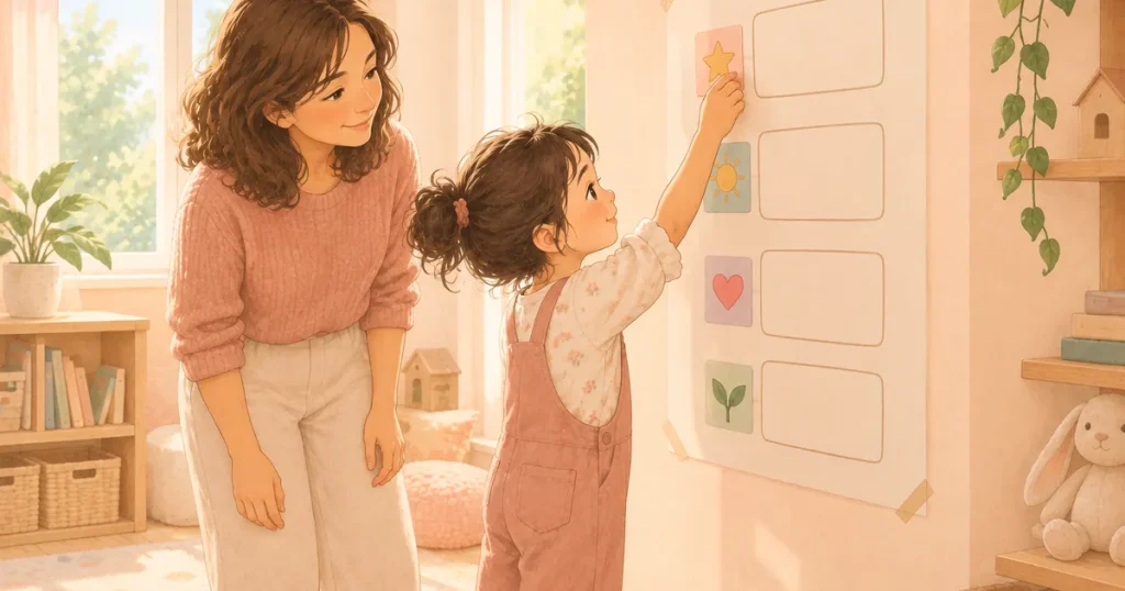 Ayakta duran bir çocuk, duvara asılı çizelgedeki kutulardan birine renkli etiket yapıştırıyor; yanında bir yetişkin eşlik ediyor