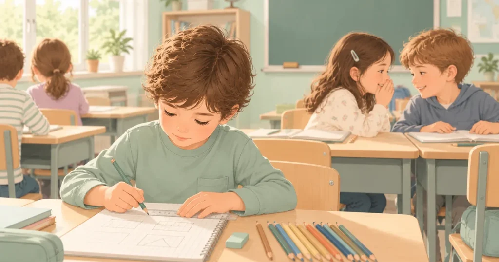 Sınıfta sırada oturup defterine cetvelle düzenli geometrik şekiller çizen bir çocuk; arkasında fısıldaşan iki öğrenci