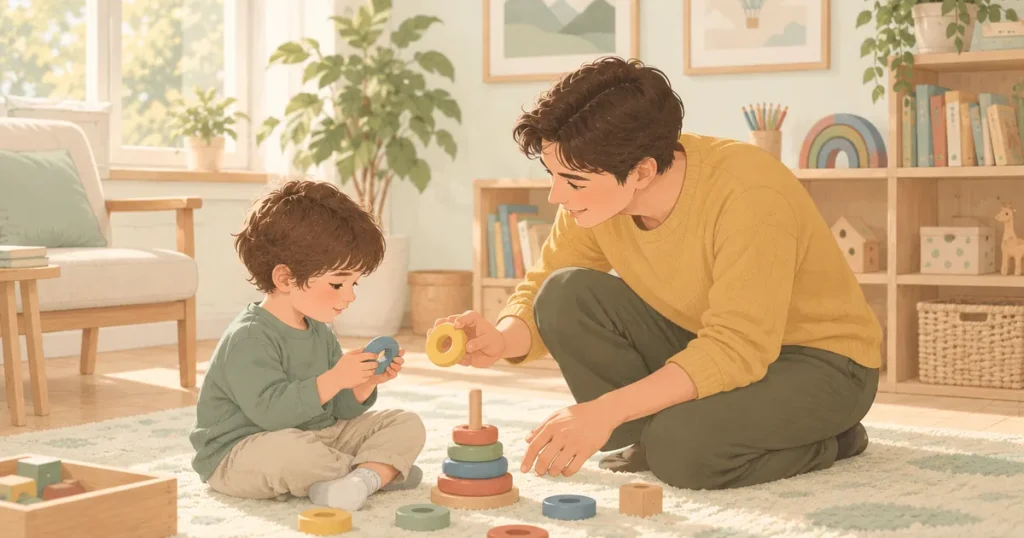 Halıda oturan bir çocuk ve karşısındaki yetişkin birlikte renkli halkaları ahşap çubuğa diziyor