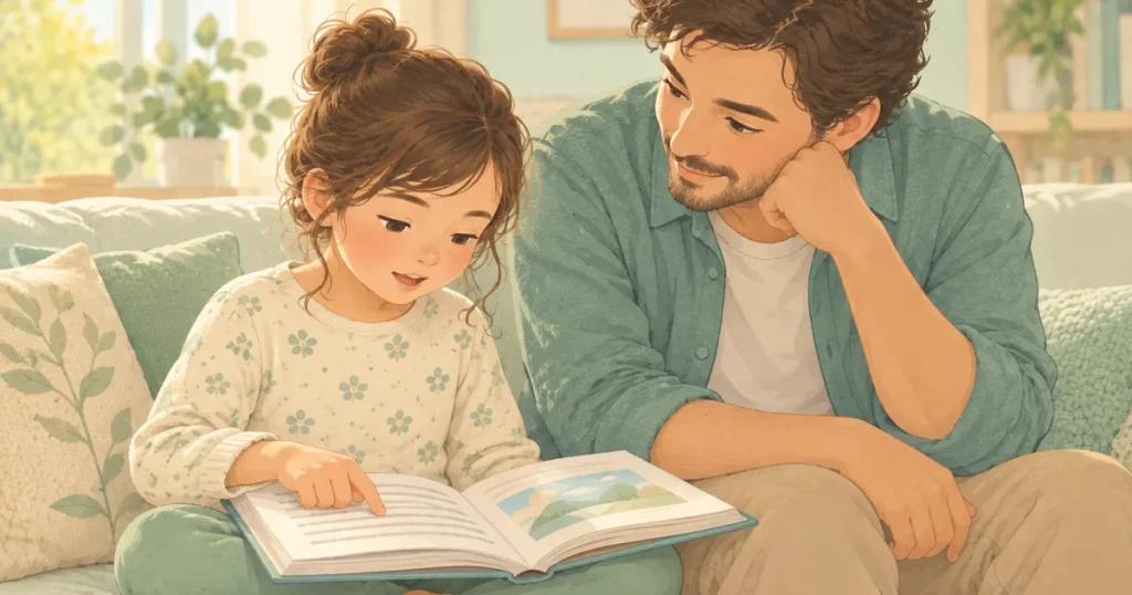 Oturma odasında kanepede yan yana oturan bir çocuk ve babası; çocuk kucağındaki kitaptan sesli okuyor, baba sabırla dinliyor