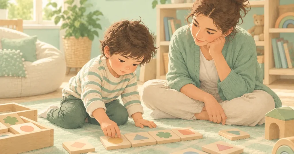 Destek odasında halının üzerinde diz çökmüş bir çocuk, büyük ahşap şekil karolarını yan yana diziyor; yanında oturan yetişkin izliyor