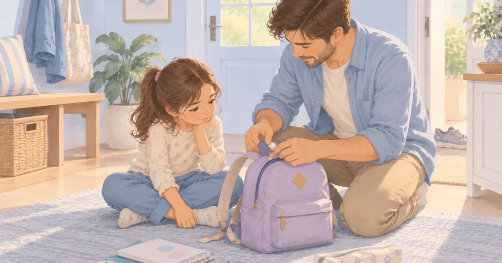 Evin girişinde yerde oturup birlikte okul çantası hazırlayan bir çocuk ve bir ebeveyn; yanlarında boya kalemleri ve defter