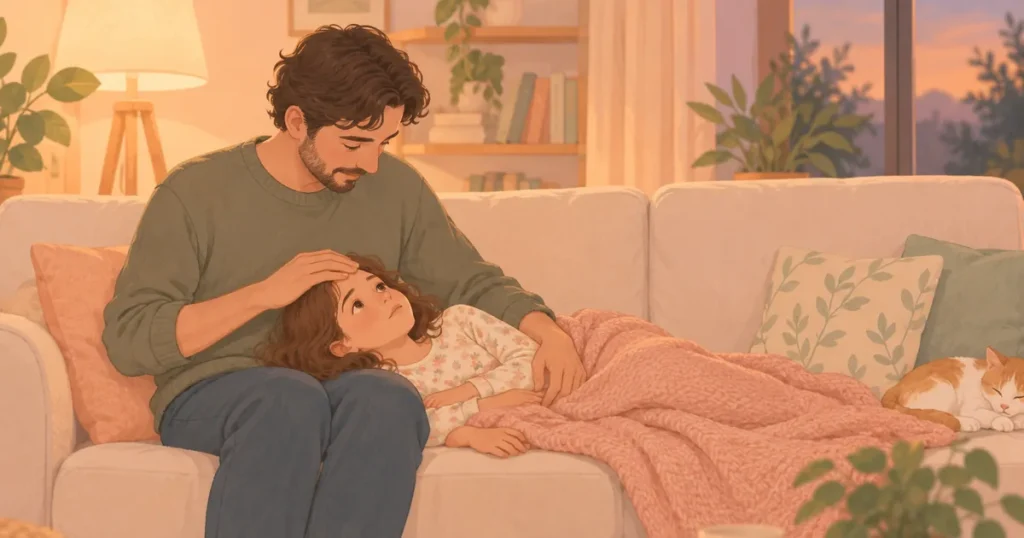 Çocuklarda ve Ergenlerde Psikosomatik Hastalıklar Nedir? Akşam oturma odasında kanepede uzanmış bir çocuk, başı ebeveyninin dizinde; ebeveyn elini çocuğun alnına koymuş