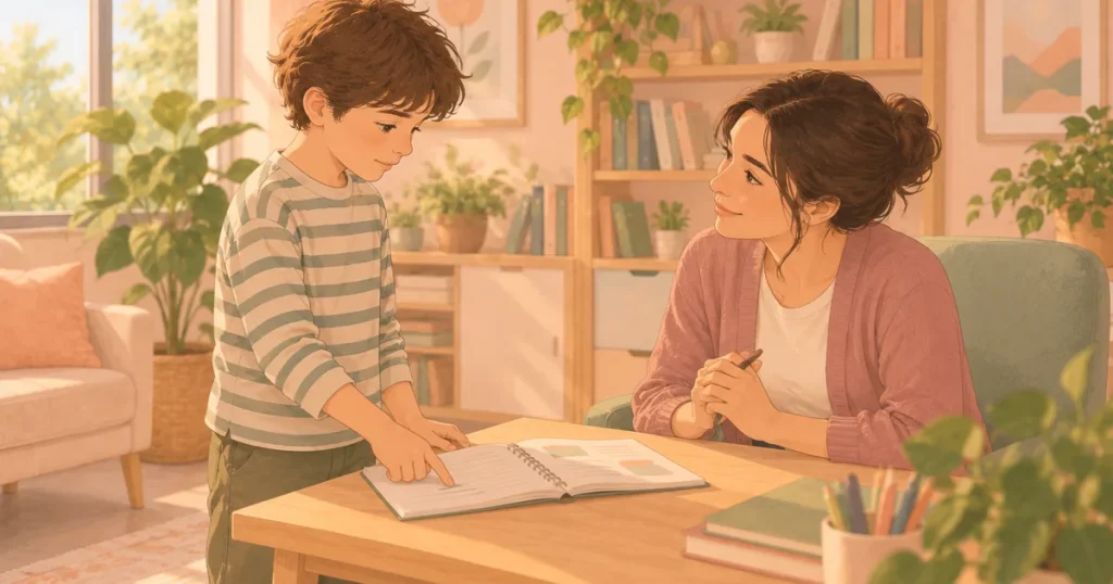 Çocuklarda ve Ergenlerde Psikosomatik Hastalıkların Tanısı Nasıl Konulur? Görüşme odasında masanın yanında ayakta duran bir çocuk, açık defterdeki bir satırı gösteriyor; karşısındaki uzman dinliyor