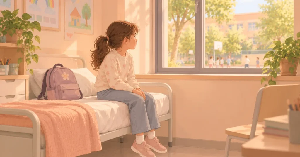 Çocuklarda ve Ergenlerde Psikosomatik Hastalıklar Tedavi Edilmezse Ne Olur? Okul revirinde yatağın kenarına oturmuş bir çocuk, pencereden bahçede oynayan arkadaşlarına bakıyor; yanında sırt çantası