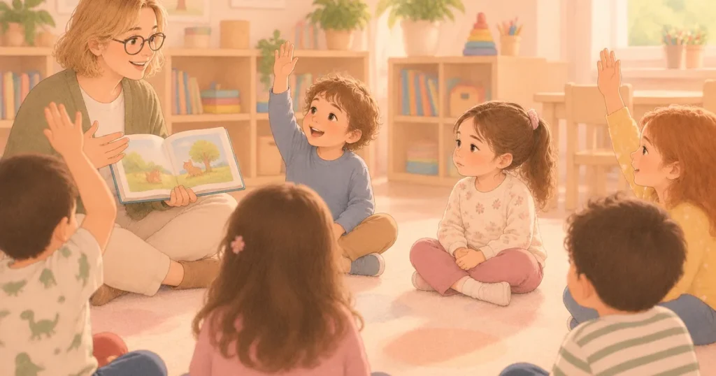 Anaokulunda kitap okuyan öğretmenin çevresinde halkada oturan çocuklar parmak kaldırırken ortadaki çocuk elleri kucağında sessiz duruyor