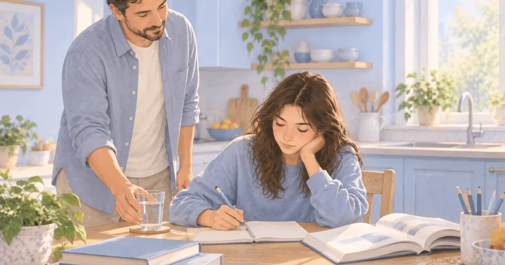 Mutfak masasında ders çalışan bir çocuğun yanına sessizce su bardağı bırakan bir yetişkin